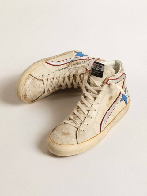 Men Men’s Slide With Light Blue Leather Star And Metallic Silver Leather Flash Golden Goose Slide - Image 2