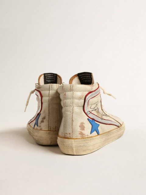 Men Men’s Slide With Light Blue Leather Star And Metallic Silver Leather Flash Golden Goose Slide - Image 4