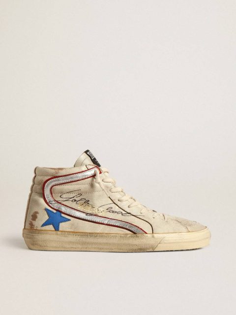 Men Men’s Slide With Light Blue Leather Star And Metallic Silver Leather Flash Golden Goose Slide
