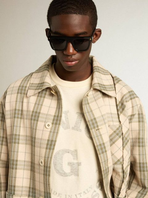 Men Men's Slim-Fit Shirt Made Of Ecru And Green Cotton Flannel Ecru And Green Golden Goose Shirts - Image 2