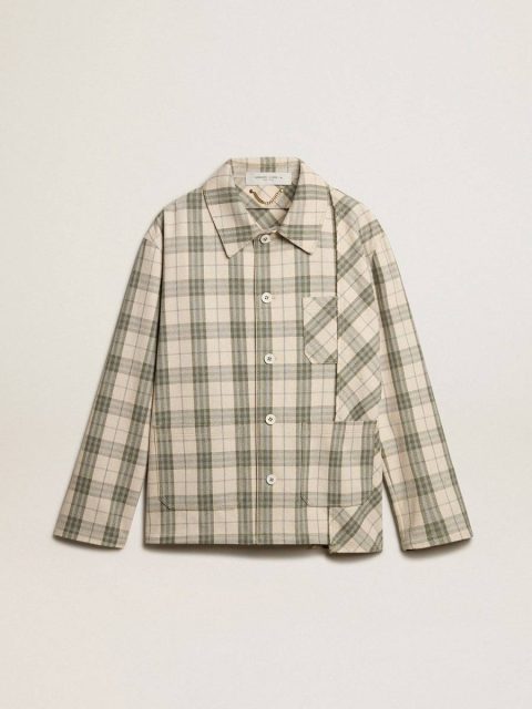 Men Men's Slim-Fit Shirt Made Of Ecru And Green Cotton Flannel Ecru And Green Golden Goose Shirts
