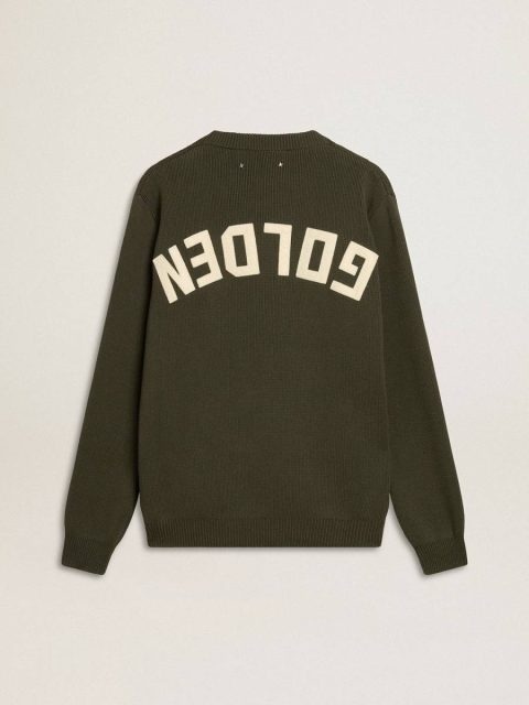 Men Military Green Knitwear Golden Goose Men's Military Green Crew Neck Sweater With 'Golden' Lettering On The Back - Image 2