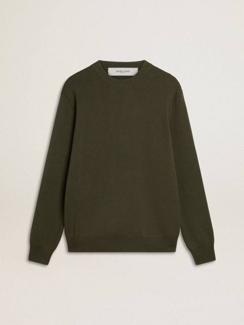 Men Military Green Knitwear Golden Goose Men's Military Green Crew Neck Sweater With 'Golden' Lettering On The Back
