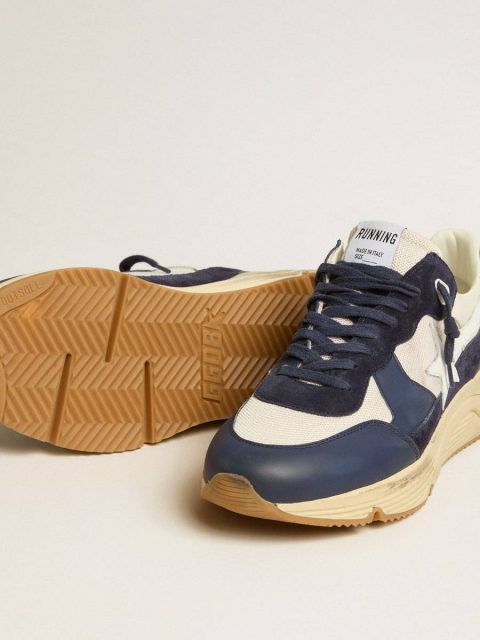 Men Running Sole Golden Goose Running Sole In Cream Mesh And Blue Leather With A White Leather Star - Image 4