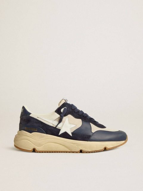 Men Running Sole Golden Goose Running Sole In Cream Mesh And Blue Leather With A White Leather Star
