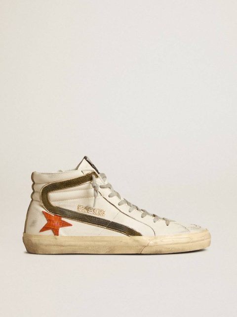 Men Slide Golden Goose Men's Nappa Leather Slide With Orange Croc-Print Star And Green Suede Flash