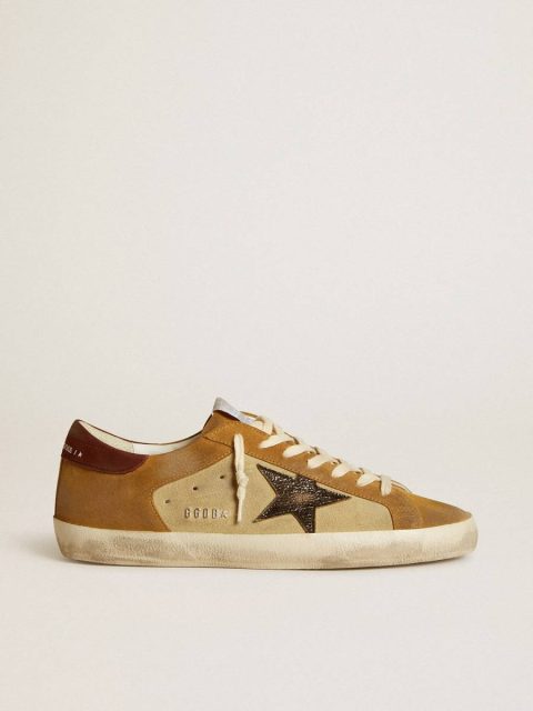 Men Super-Star Golden Goose Men’s Super-Star In Beige And Caramel Suede With Black Crackle Leather Star