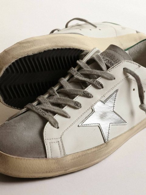 Men Super-Star Golden Goose Men’s Super-Star In White Leather With Silver Star And Green Heel Tab - Image 3