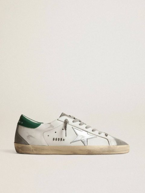 Men Super-Star Golden Goose Men’s Super-Star In White Leather With Silver Star And Green Heel Tab
