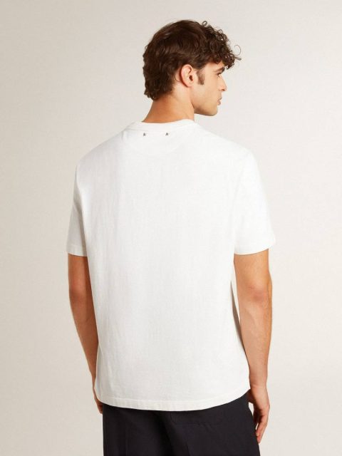 Men T-Shirts & Polo Shirts Golden Goose Men's Worn-White Cotton T-Shirt With Black Lettering Worn White - Image 4