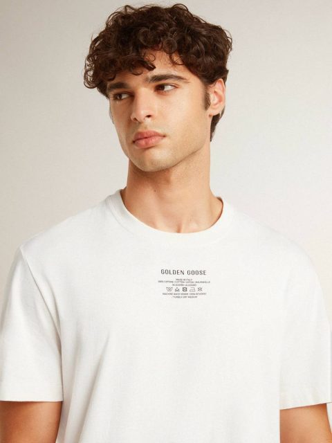 Men T-Shirts & Polo Shirts Golden Goose Men's Worn-White Cotton T-Shirt With Black Lettering Worn White - Image 5