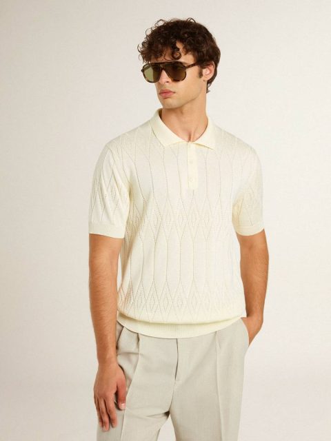 Men White Men's White Jacquard Knit Polo Shirt Golden Goose T-Shirts & Polo Shirts - Image 2