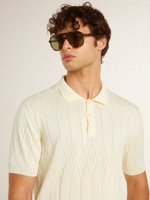 Men White Men's White Jacquard Knit Polo Shirt Golden Goose T-Shirts & Polo Shirts - Image 4