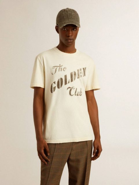 Men's Aged White Cotton T-Shirt With Gold Print Golden Goose Aged White T-Shirts & Polo Shirts Men - Image 3