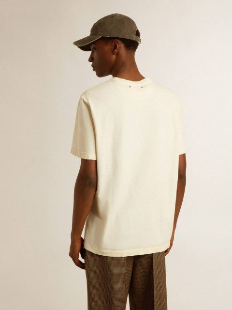 Men's Aged White Cotton T-Shirt With Gold Print Golden Goose Aged White T-Shirts & Polo Shirts Men - Image 4