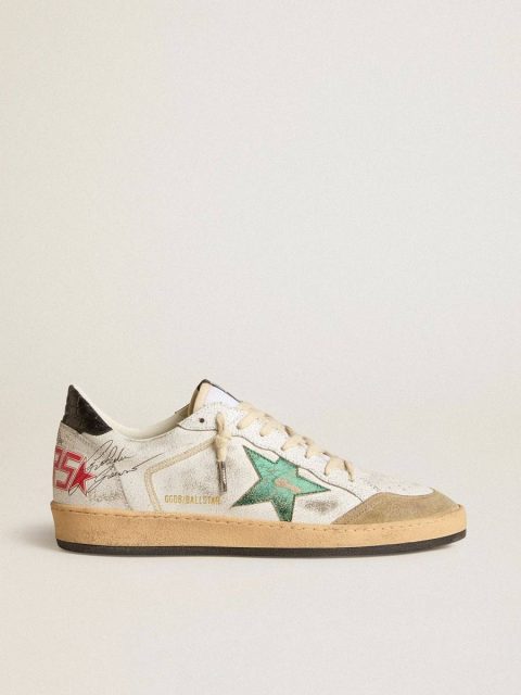 Men's Ball Star With Metallic Leather Star And Gray Leather Heel Tab Men Ball Star Golden Goose White