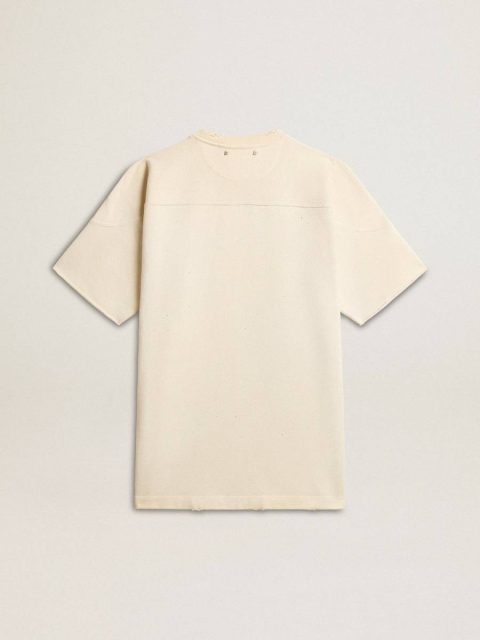 Men's Cotton T-Shirt In Vintage White With Raw Edge On The Front Golden Goose Aged White Men T-Shirts & Polo Shirts - Image 2