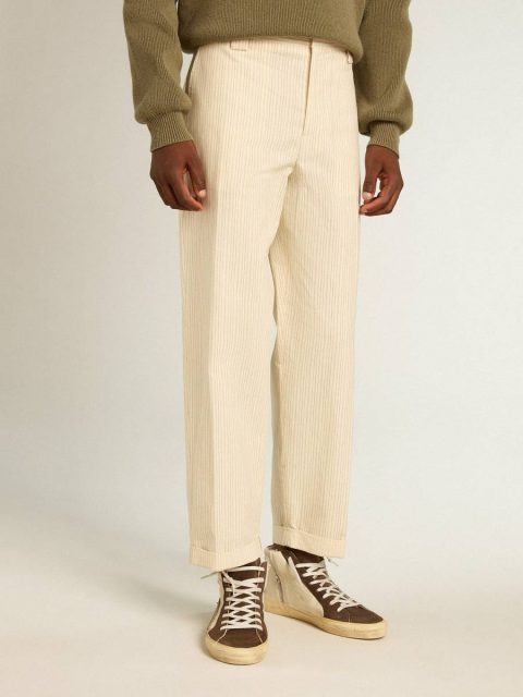 Men's Cream-Colored Pants In Striped Cotton Men Golden Goose Jeans & Pants Cream - Image 2