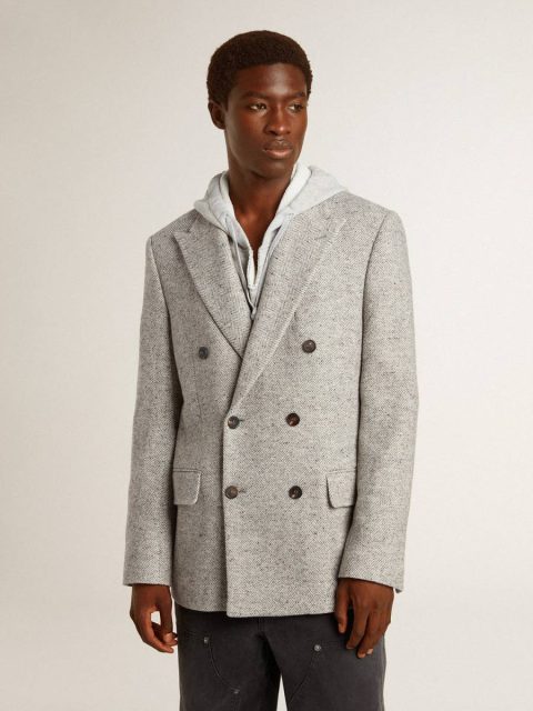Men's Double-Breasted Jacket In Gray Silk And Chevron Wool Men Golden Goose Blazers Gray - Image 2