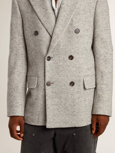 Men's Double-Breasted Jacket In Gray Silk And Chevron Wool Men Golden Goose Blazers Gray - Image 5