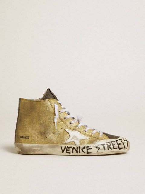 Men’s Francy Lab In Golden Glitter With White Leather Star Golden Goose Men Francy