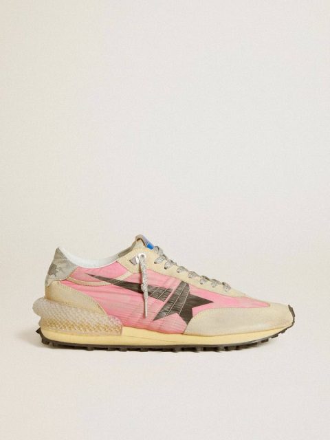 Men's Marathon In Pink Nylon And Gold Suede With Black Printed Star Marathon Golden Goose Men