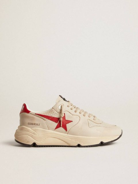 Men's Running Sole In Gray Nappa Leather With Red Nappa Leather Star And Heel Tab Running Sole Men Golden Goose