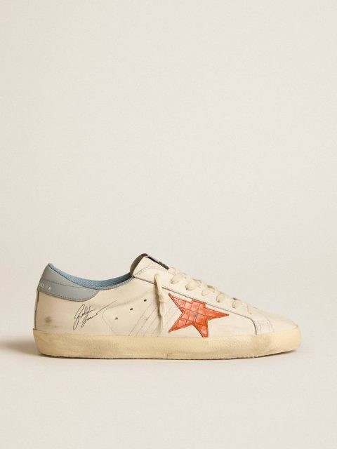 Men's Super-Star With Crocodile-Print Star And Silver-Blue Heel Tab Men Super-Star Golden Goose White