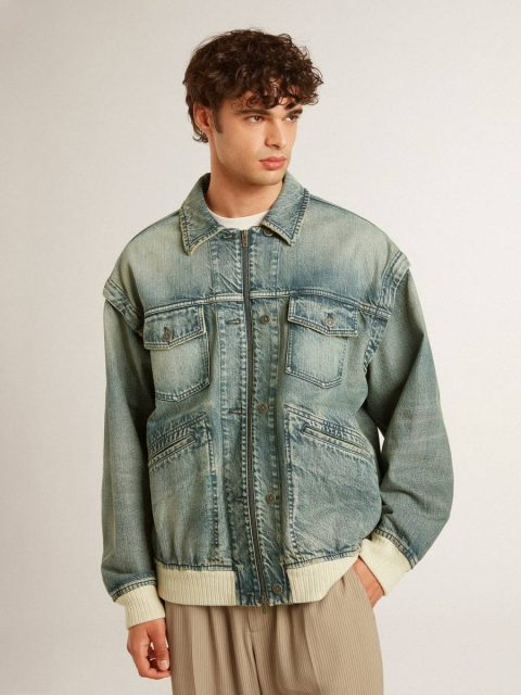 Men's Washed Denim Jacket With Wool Blend Ribbing Men Golden Goose Blue Coats & Jackets - Image 2