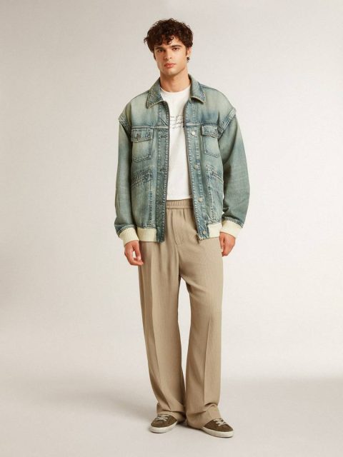 Men's Washed Denim Jacket With Wool Blend Ribbing Men Golden Goose Blue Coats & Jackets - Image 3