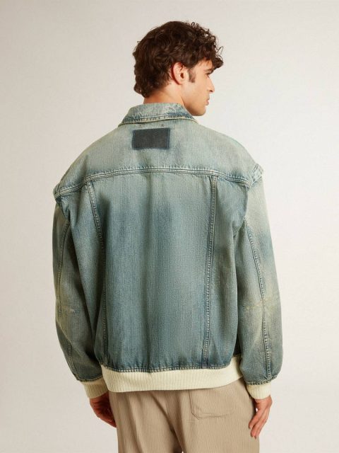 Men's Washed Denim Jacket With Wool Blend Ribbing Men Golden Goose Blue Coats & Jackets - Image 4