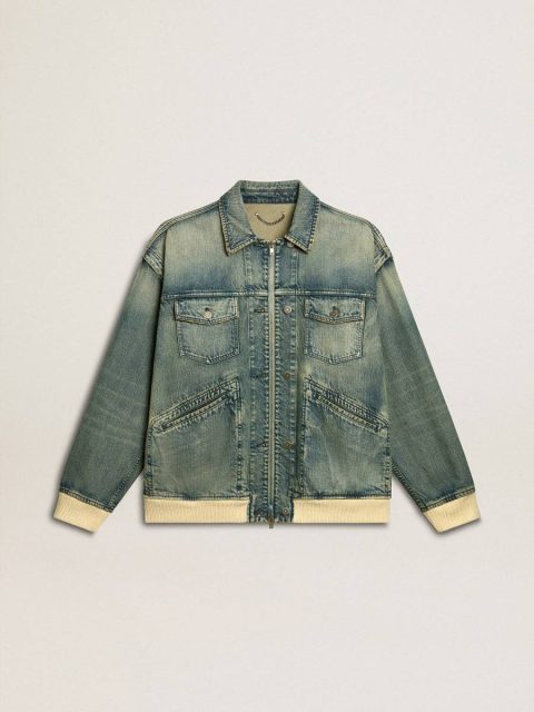 Men's Washed Denim Jacket With Wool Blend Ribbing Men Golden Goose Blue Coats & Jackets