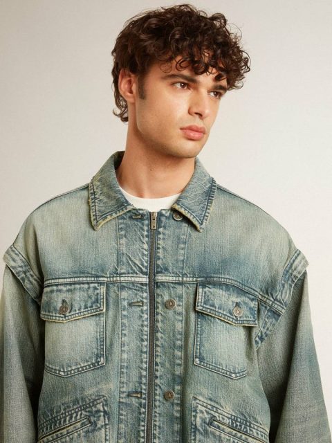 Men's Washed Denim Jacket With Wool Blend Ribbing Men Golden Goose Blue Coats & Jackets - Image 5