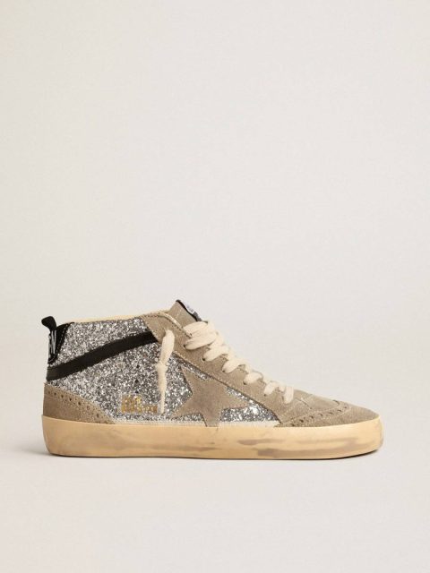 Mid Star In Silver Glitter With Suede Star And Black Flash Golden Goose Women Mid Star