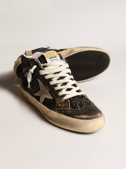 Mid Star Women’s Mid Star In Black Glitter With Dove-Gray Suede Star And Heel Tab Golden Goose Women - Image 4