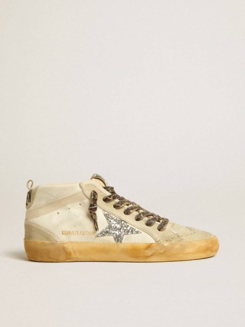 Mid Star Women's Mid Star In Canvas With Silver Glitter Star And Beige Flash Women Golden Goose