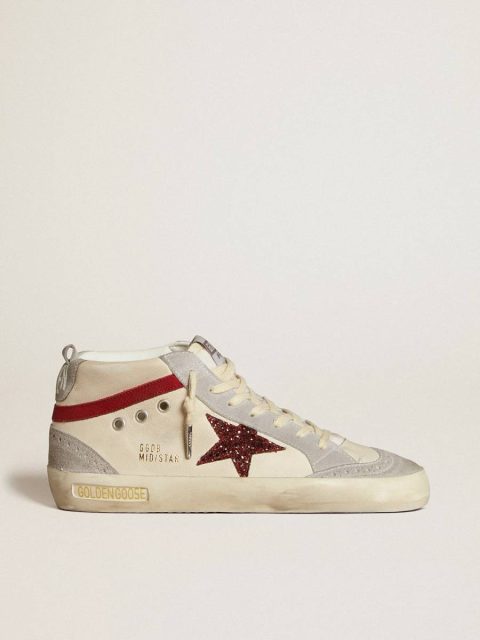 Mid Star Women’s Mid Star In Leather With Glitter Star And Red Nubuck Flash Women Golden Goose