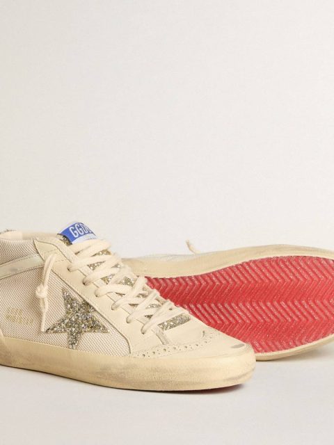 Mid Star Women's Mid Star In Mesh With Platinum Glitter Star And White Leather Flash Golden Goose Women - Image 3