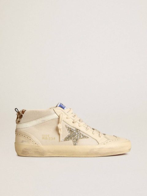Mid Star Women's Mid Star In Mesh With Platinum Glitter Star And White Leather Flash Golden Goose Women