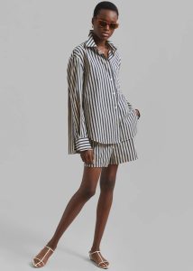 Multi The Frankie Shop Lui Textured Shirt - Beige/Navy Multi Stripe Tops Women