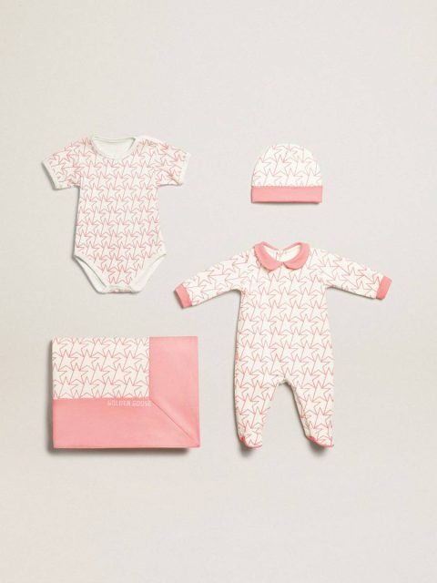 Newborns Kids Golden Goose White Baby Gift Set In White With Pink Trim And Star