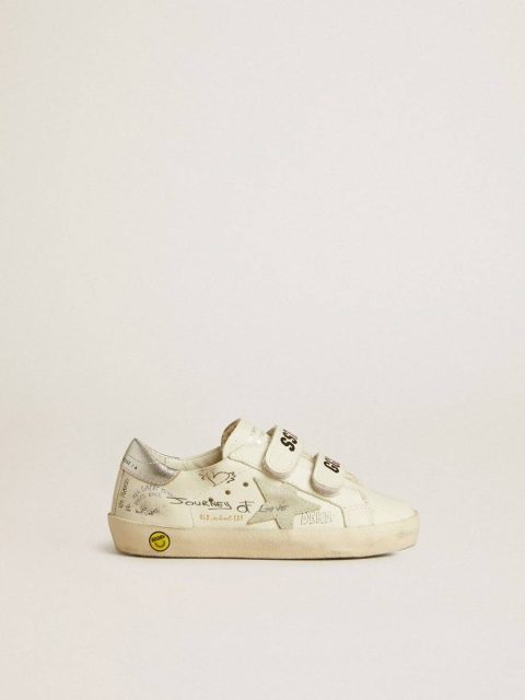 Old School Young With Suede Star And Metallic Leather Heel Tab Golden Goose Kids Boys (4-10 Years) White With All-Over Multicolored Lettering