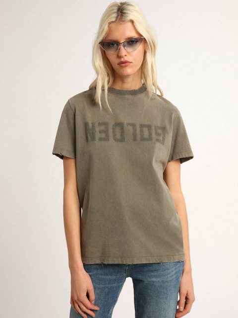 Olive Green Olive-Green Regular-Fit T-Shirt With Golden Lettering On The Front Women Golden Goose T-Shirts & Tops - Image 2