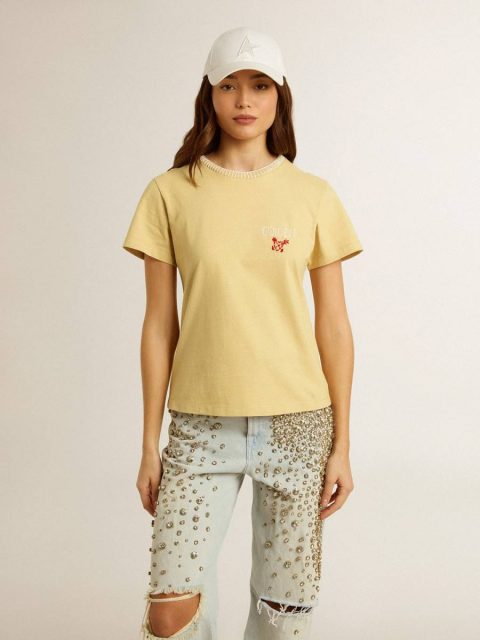 Pale Yellow T-Shirts & Tops Women's T-Shirt In Cotton Jersey With Embroidery On The Neck And Heart Golden Goose Women - Image 2