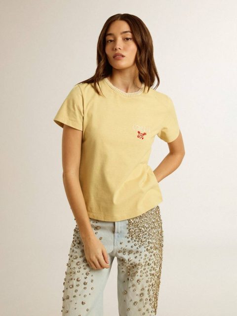 Pale Yellow T-Shirts & Tops Women's T-Shirt In Cotton Jersey With Embroidery On The Neck And Heart Golden Goose Women - Image 3