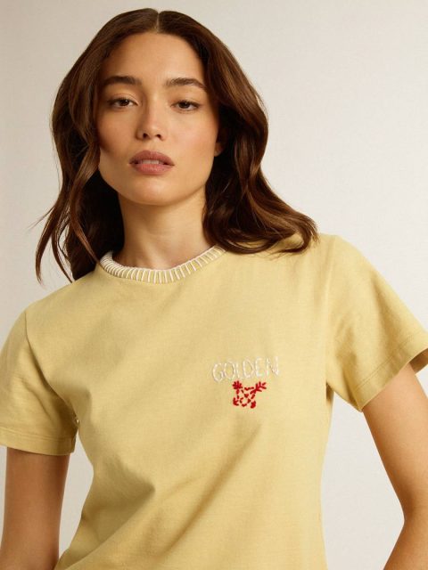 Pale Yellow T-Shirts & Tops Women's T-Shirt In Cotton Jersey With Embroidery On The Neck And Heart Golden Goose Women - Image 4