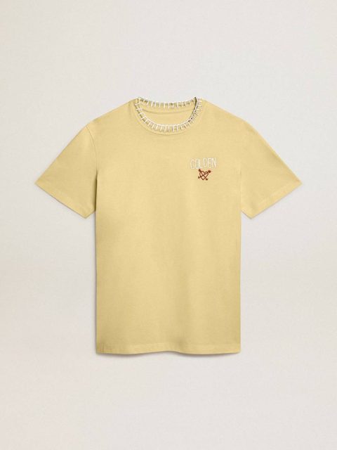 Pale Yellow T-Shirts & Tops Women's T-Shirt In Cotton Jersey With Embroidery On The Neck And Heart Golden Goose Women