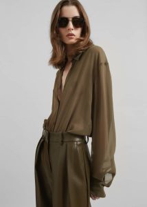 Peri Silk Georgette Shirt - Khaki The Frankie Shop Green Women Tops