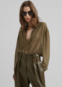 Peri Silk Georgette Shirt - Khaki The Frankie Shop Green Women Tops - Image 4
