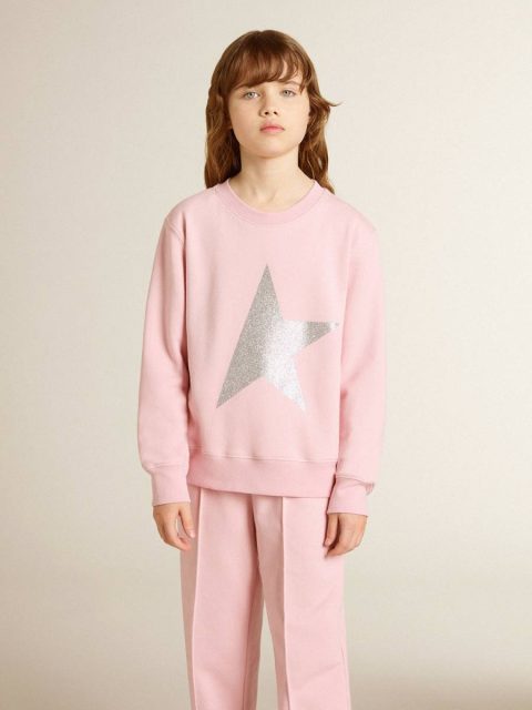 Pink Golden Goose Topwear Selection (4-12 Years) Kids Pink Sweatshirt With Maxi Star In Silver Glitter On The Front - Image 3